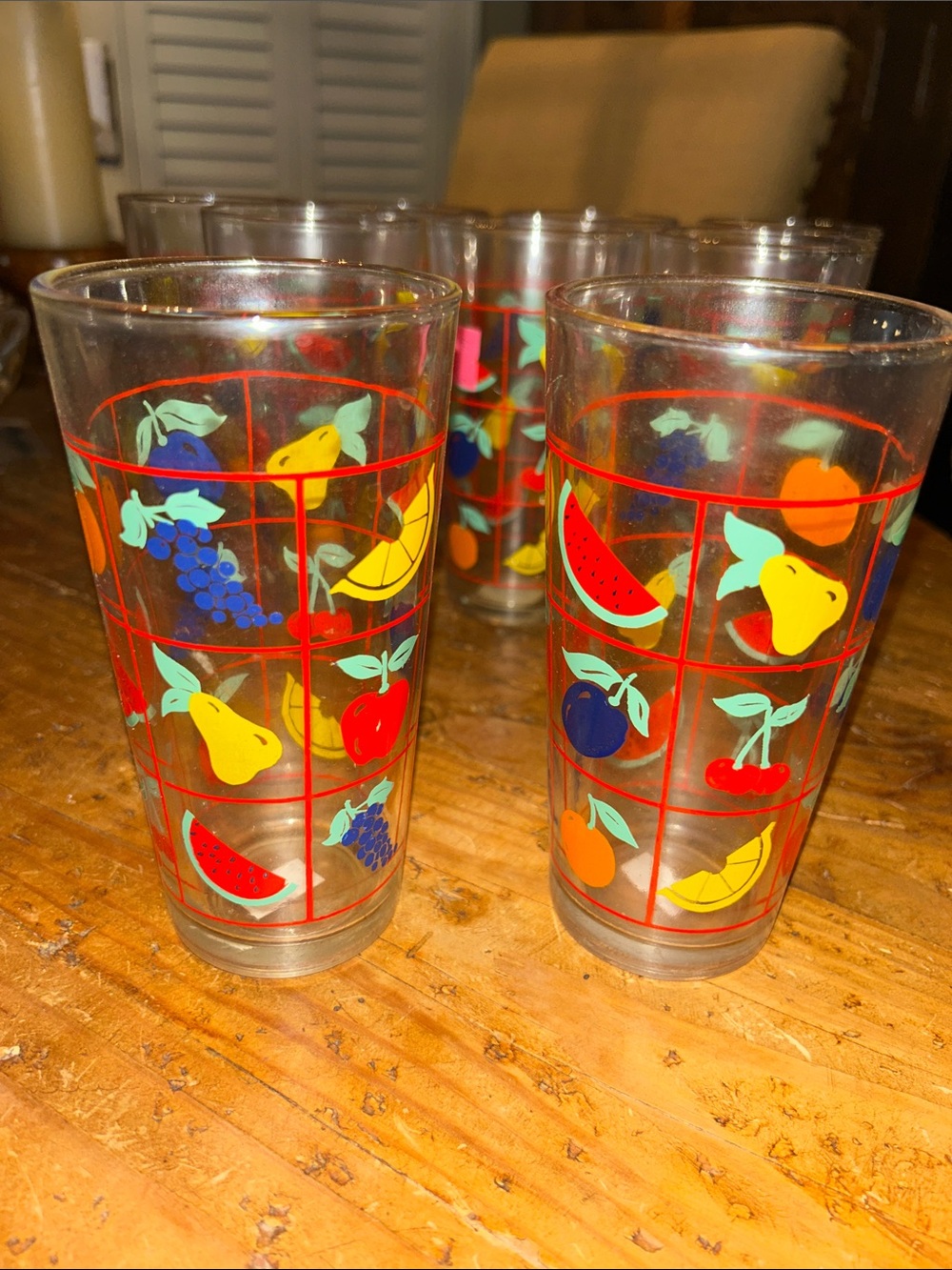 SUPER RARE!! 80s kitsch Vintage Fruit Pattern Glass 16 oz Tumblers - Set of 9